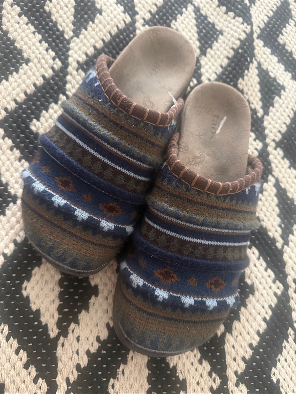 Taos Footwear Women's Striped Knit Mules in Navy and Brown